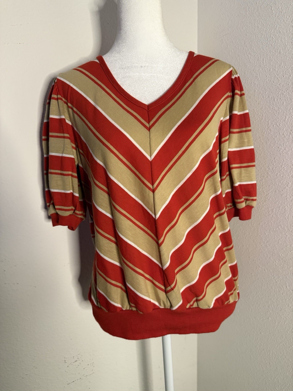 VTG 70s Sears The Fashion Place Chevron Blouse Banded Waist Shirt Puff Sleeve M