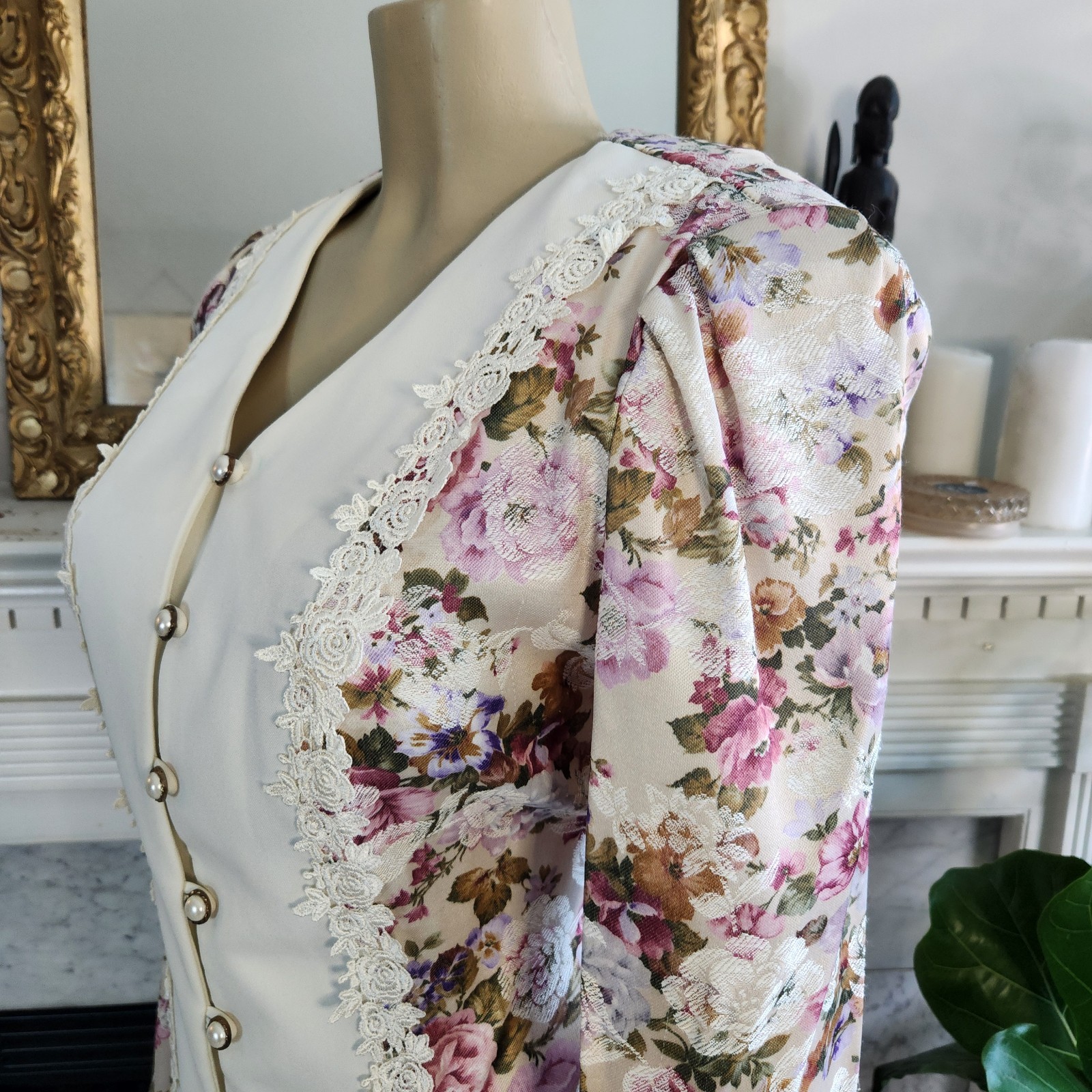 Vintage 80s Ivory Floral Blazer Lace Pink Fitted Cottagecore Romantic Size Large