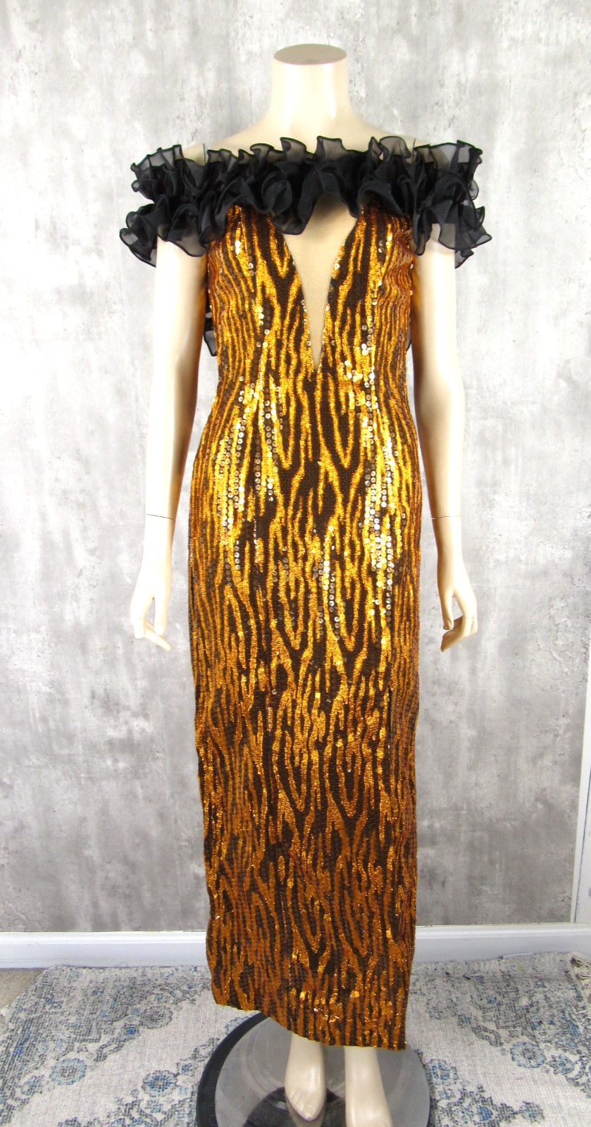 Vintage 80s Orange Metallic Lurex Tiger Striped Puff Sleeves Sequin Prom Dress