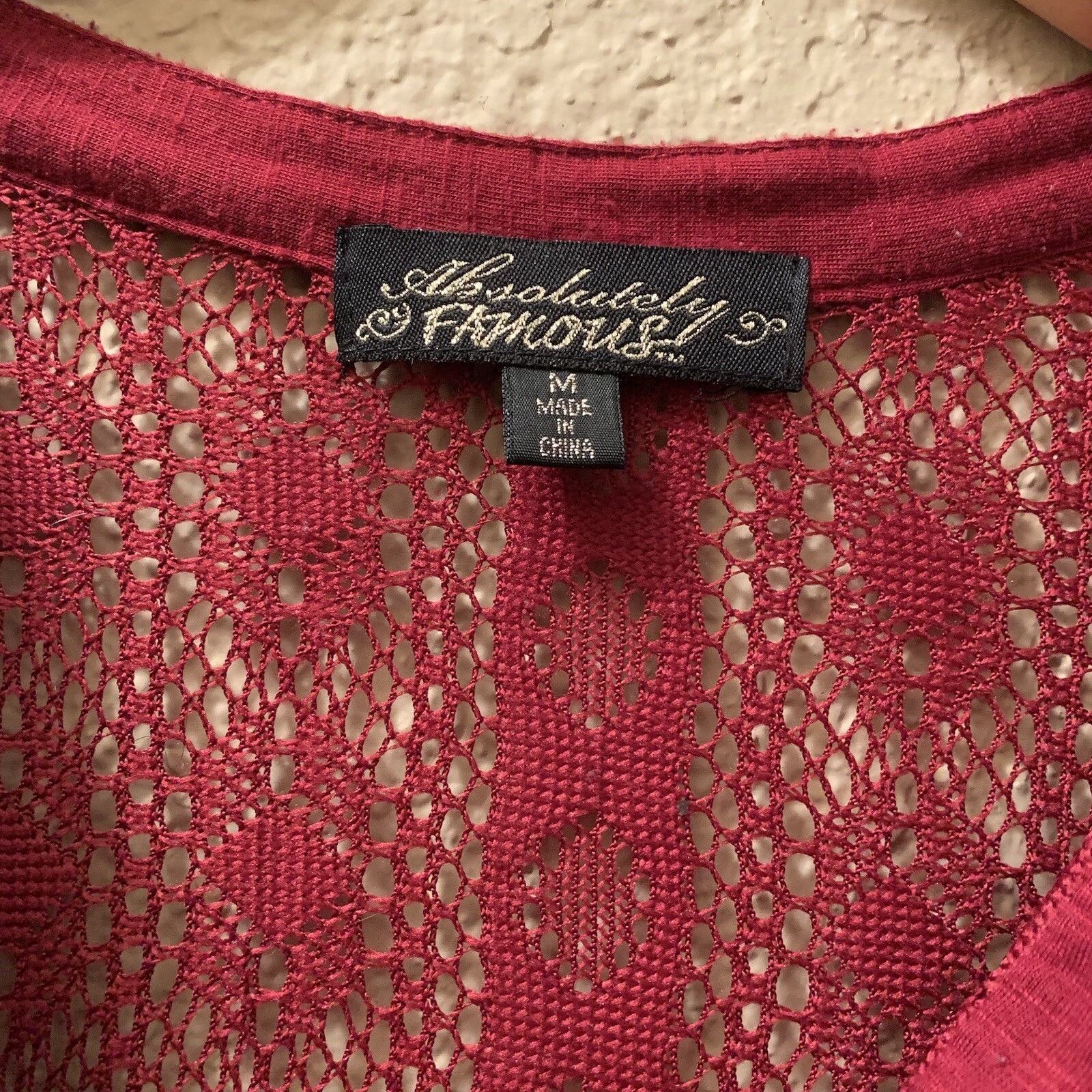 Absolutely Famous Burgandy Blouse Button Adjustable Sleeves Lace Detail Size M