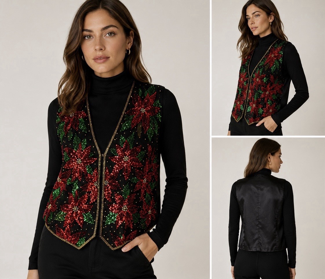 SCALA Vest Black Red Beaded Sequin Poinsettia Festive Core Christmas Holiday VTG