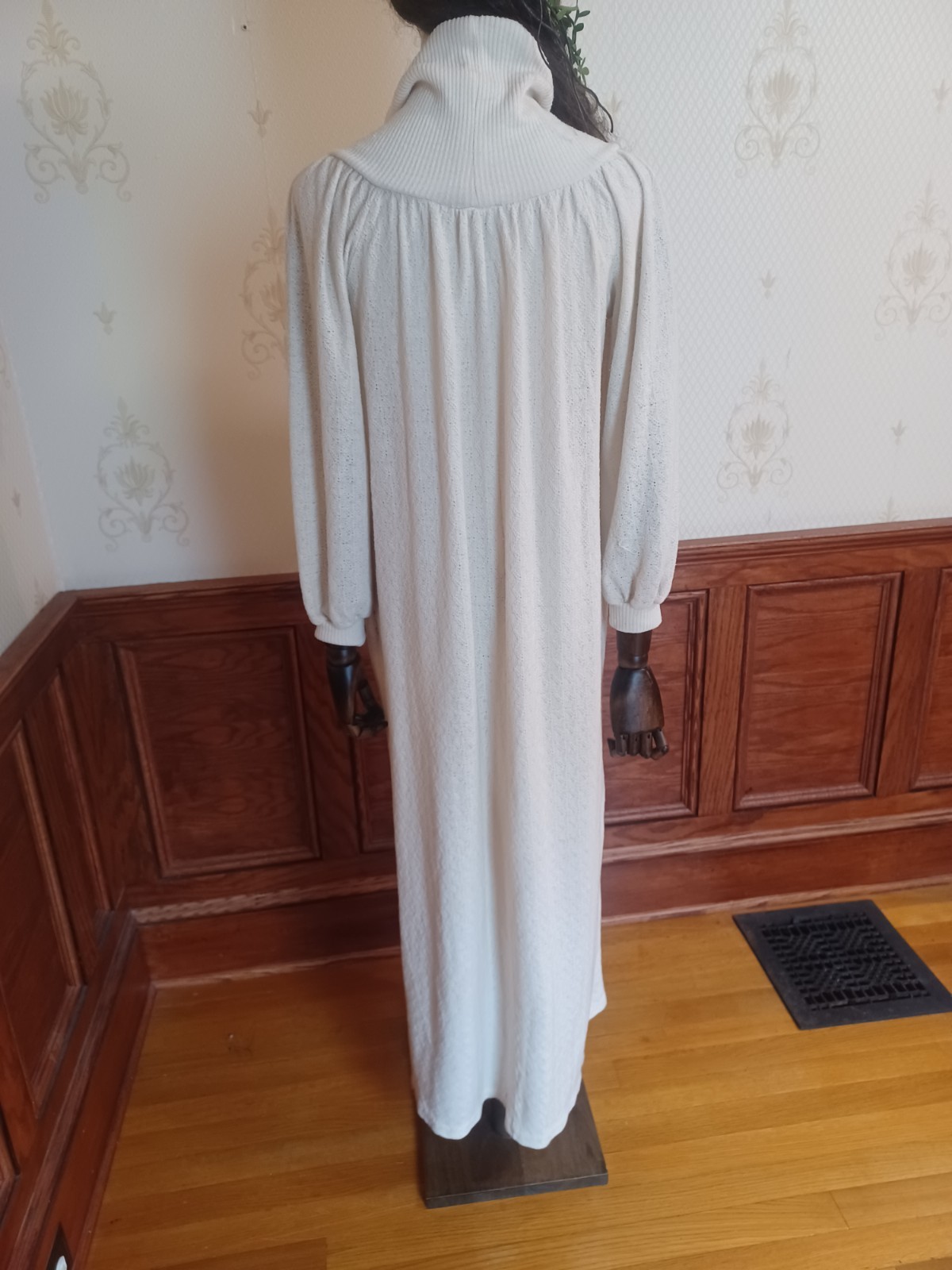 Vintage 1970s R. Michael Allen Ivory Boho Prairie Cowl Neck Knit Hostess Dress