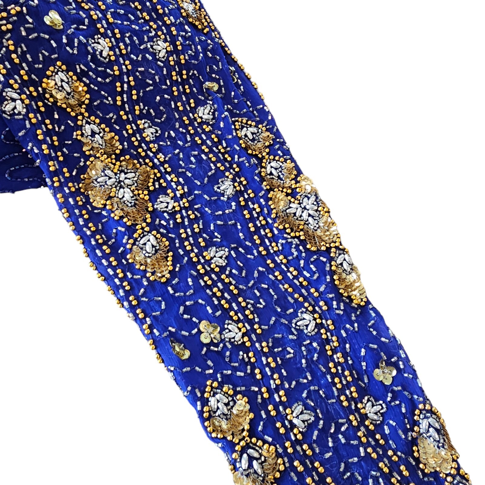Vintage 80s Royal Blue Silk Beaded Sequins Long Gown Dress Medium 8 10