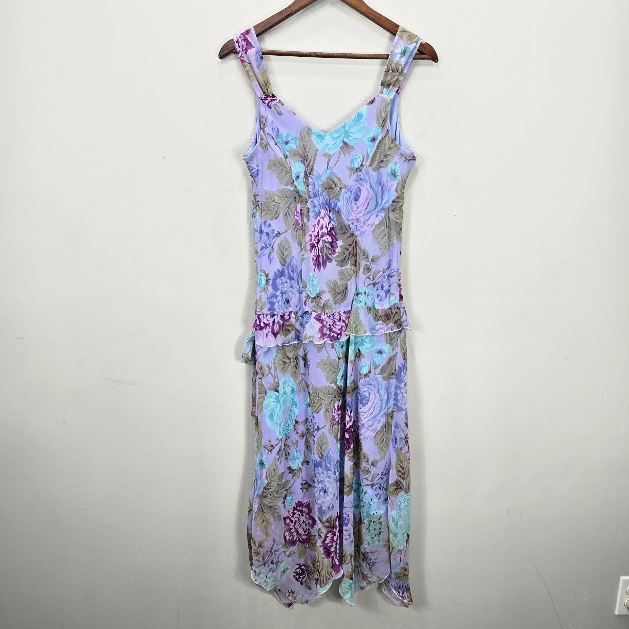 Vintage Meghan Mathews Midi Dress 10 Lilac Floral Asymmetrical Fairy Y2K Flutter