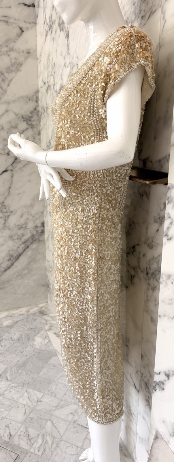 Vintage Laurence Kazar Paris II Nude Gold Sequin Pearl Beaded Cocktail Dress M