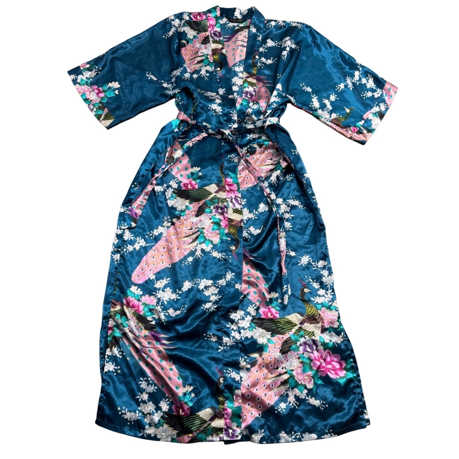 Babeyond Teal Satin Peacock Floral Long Kimono Robe Old Money Boho Retro Y2k