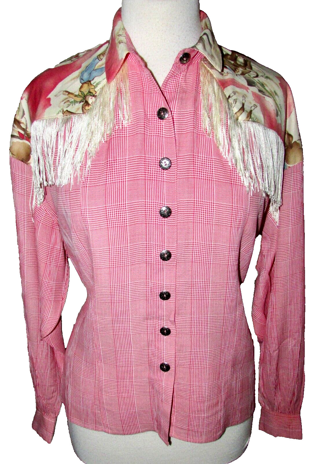 Vintage PINK Fringed Western Long Sleeve Blouse with Scarf Pamela Brandt USA 8