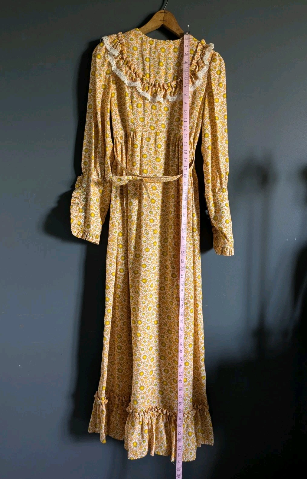 Vtg 1970 Psychedelic Floral Prairie Hostess Dress Yellow Orange Daisy Print Maxi
