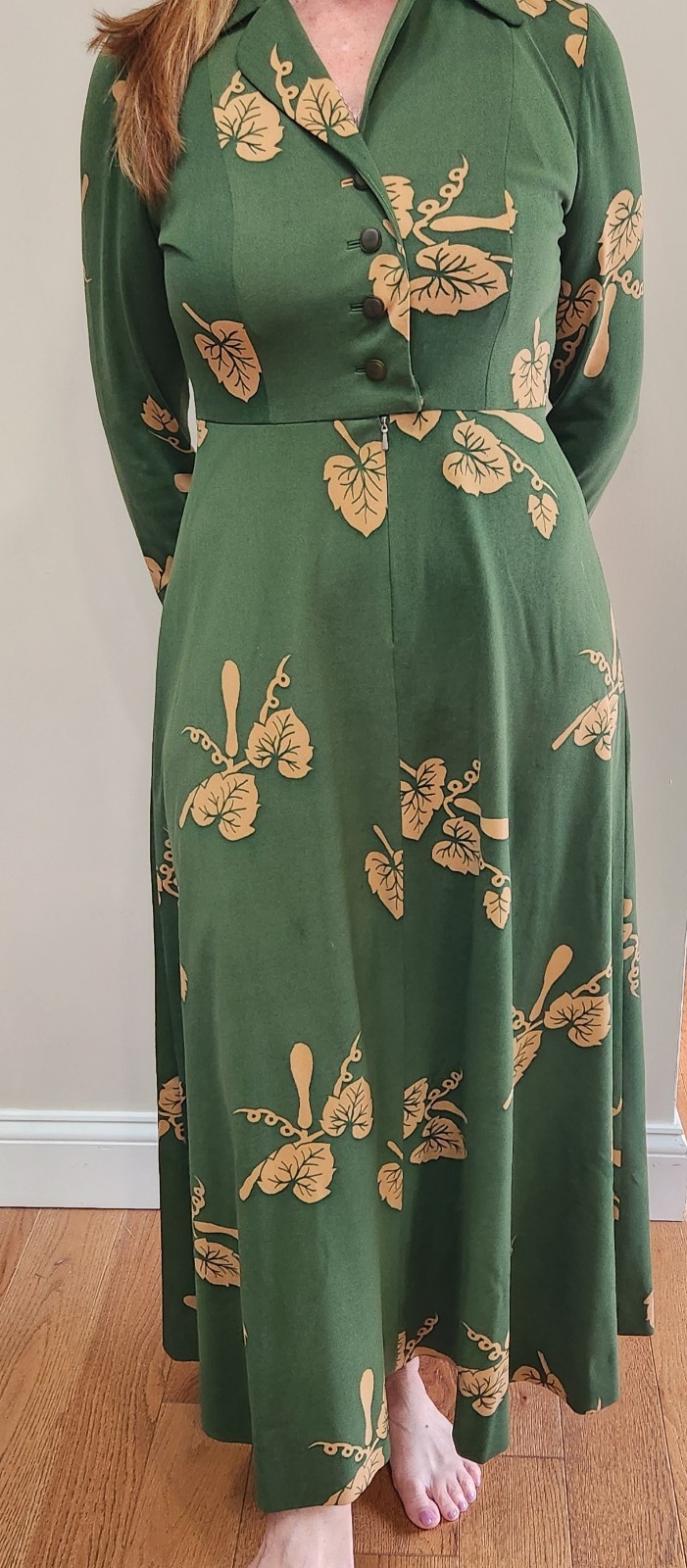 Vtg Handmade Dress Botanical Leaf Green 1970s 80’s Full Length Size 6
