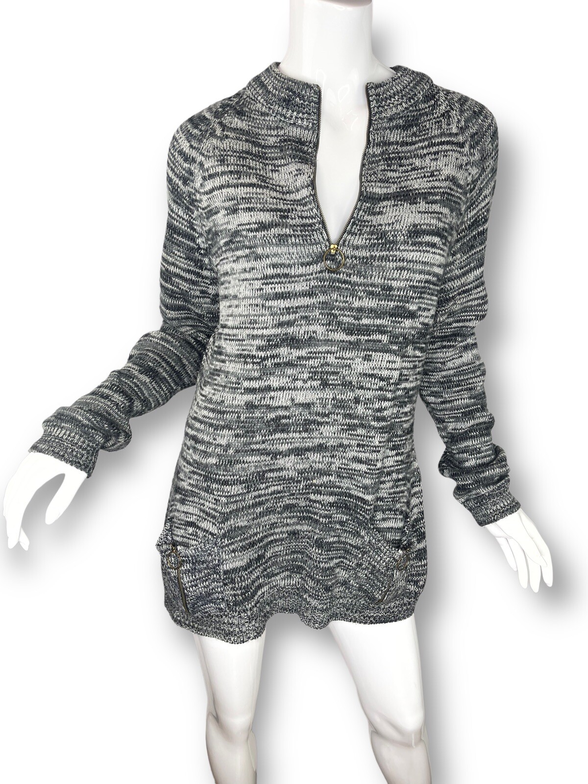 Vintage 70s Mod Marled Gray Acrylic Tunic Sweater Ring Pull Half Zip Pockets M/L