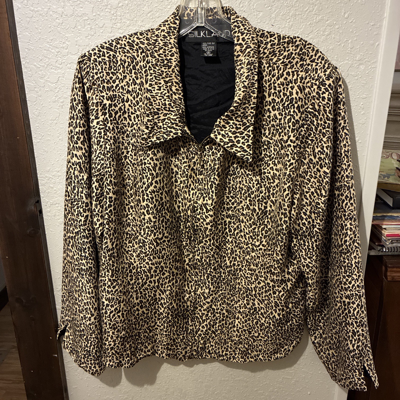 Silkland Zippered Gold Black Animal Print Lined Jacket 100% Pure Silk Size 16