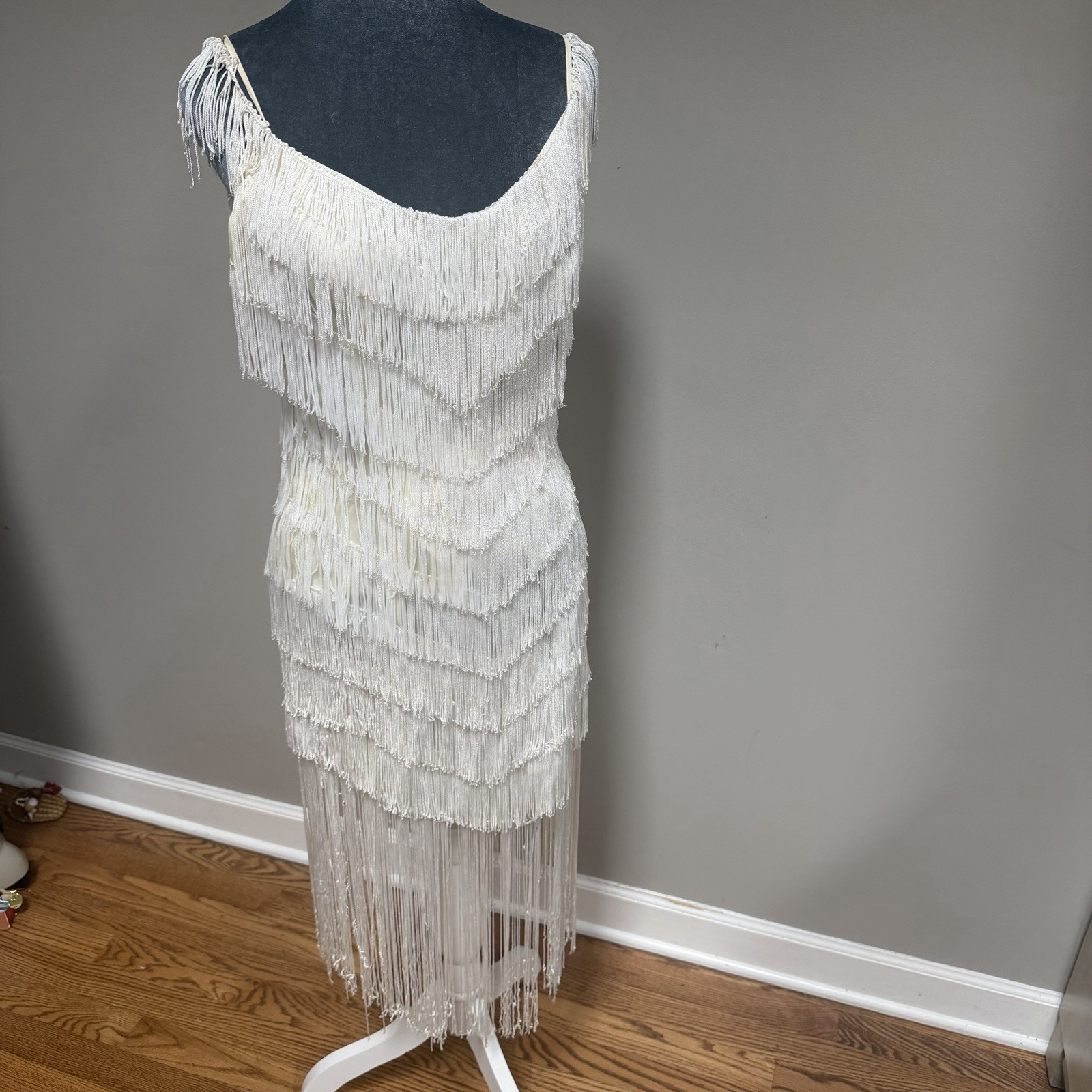 Vintage 80s 90s Ivory White Flapper Fringe Dress TD4 Electra 9/10 USA Made
