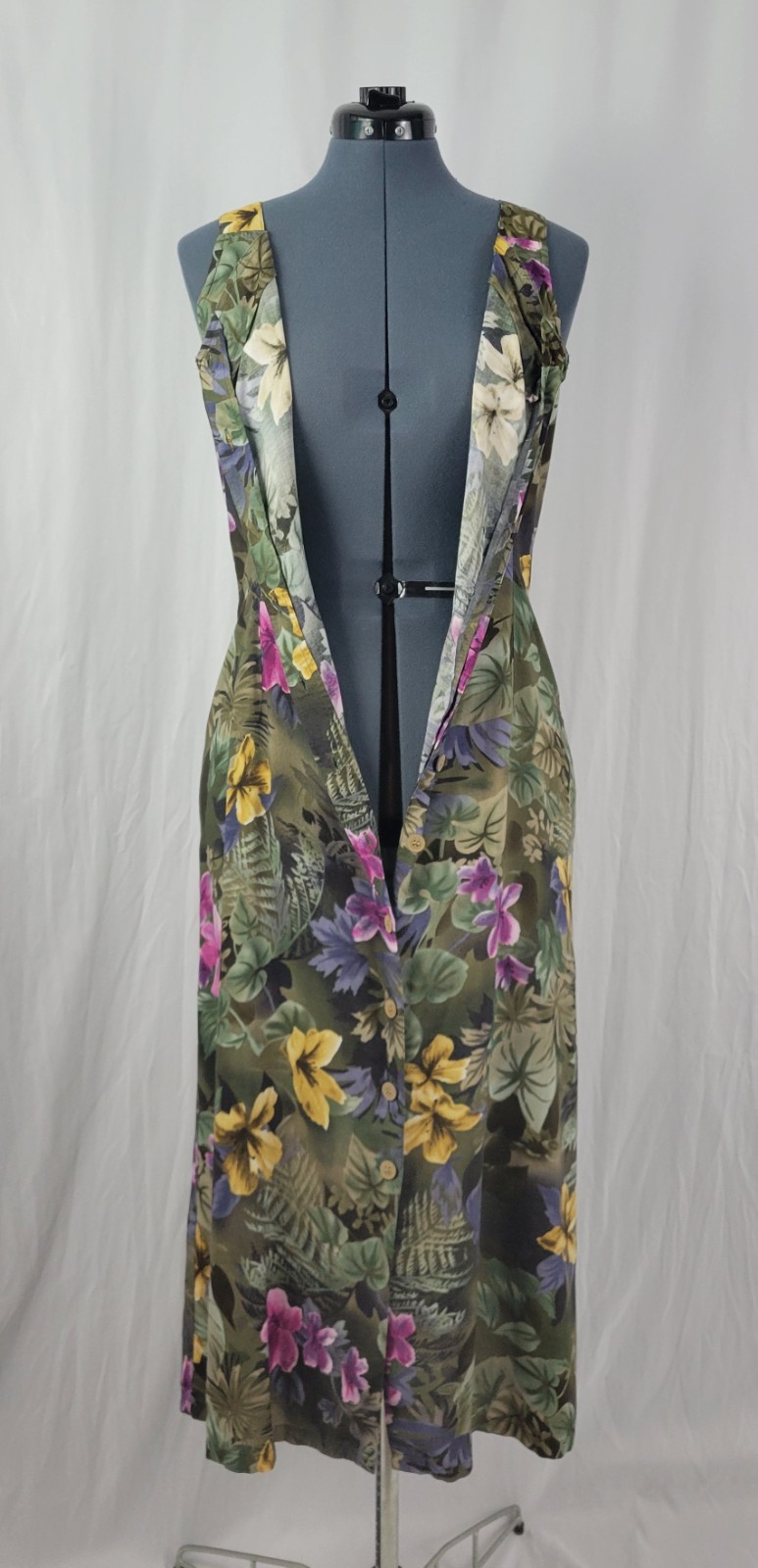 Vintage Erika Mossy Green Floral Sundress w Button Down Front Size Med Petite