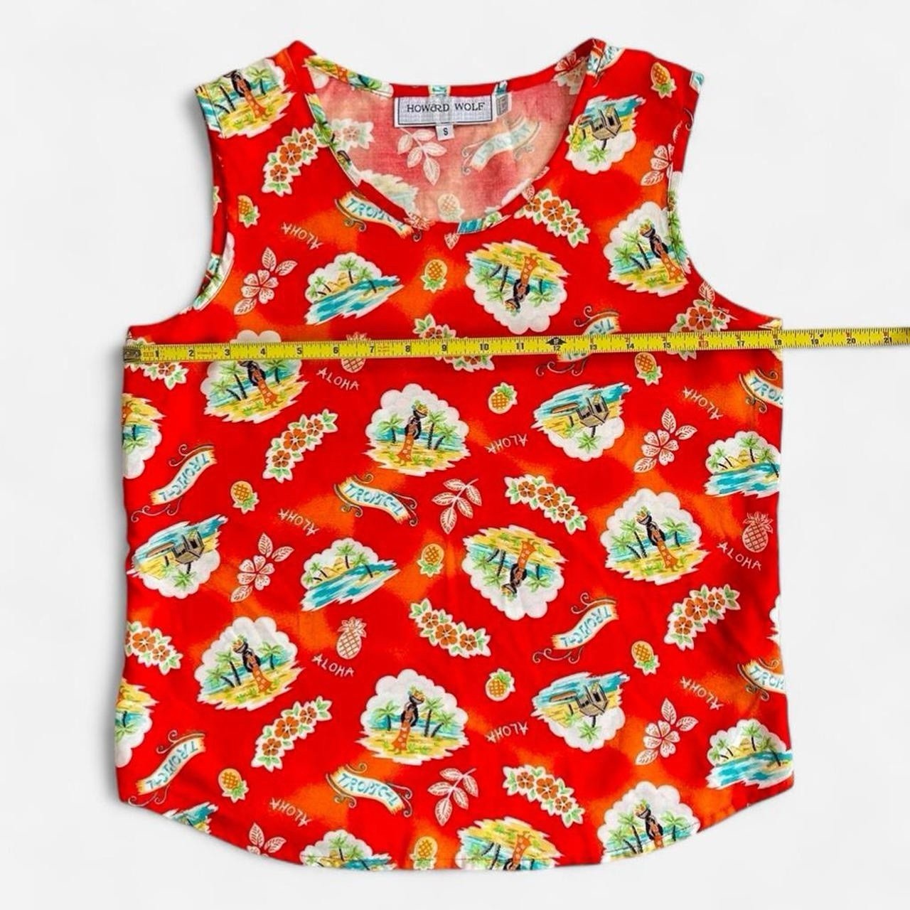 Vintage Howard Wolf Rayon Tropical Red Aloha Hawaiian Hula Dancer Tank Top