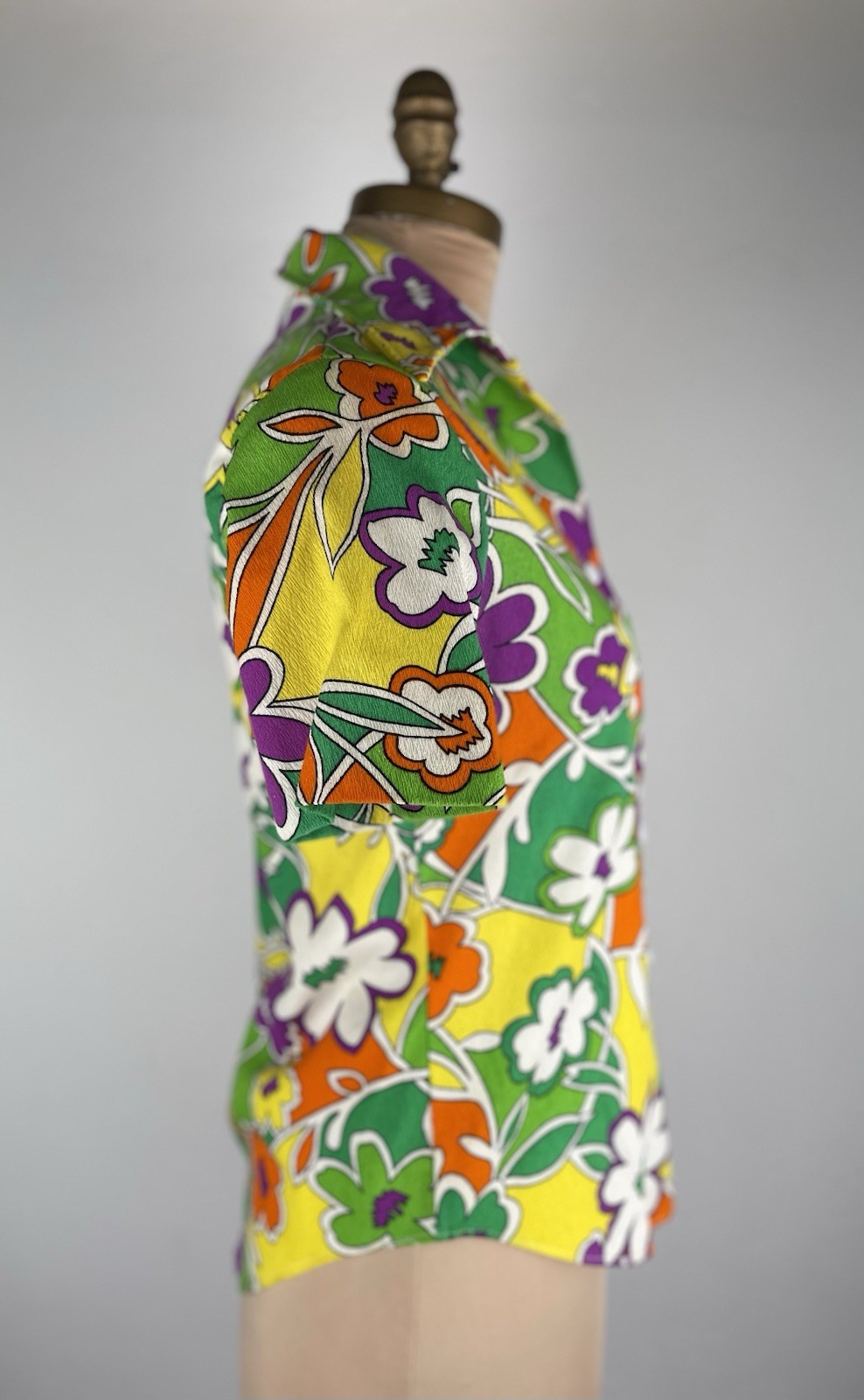 VTG 60s 70s Hawaiian Top Barkcloth Colorful Button Front Women’s FIT XS/S