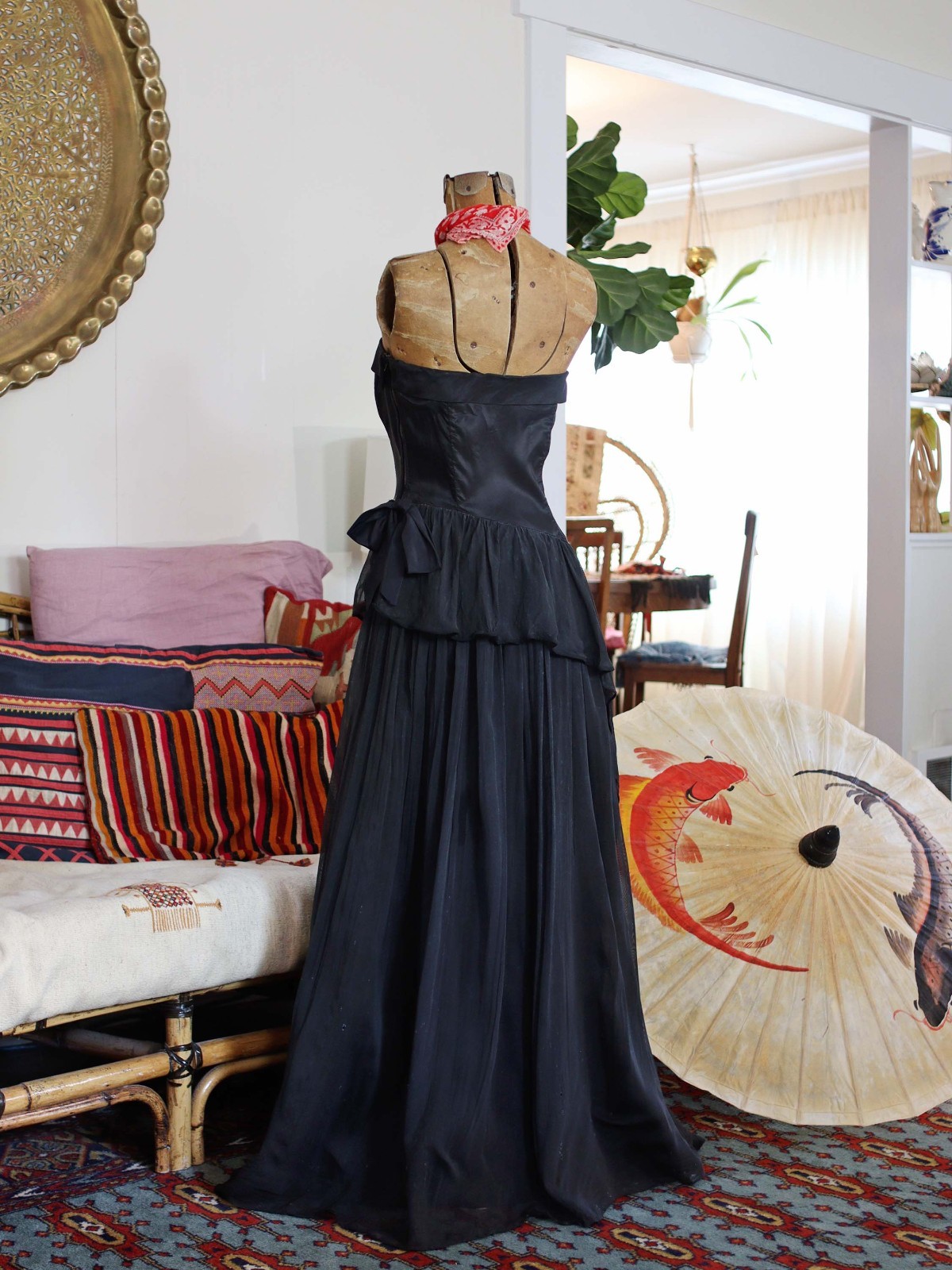 VTG 1940s Black Strapless Gown 40s Formal Evening Prom Dress Peplum Skirt Sequin