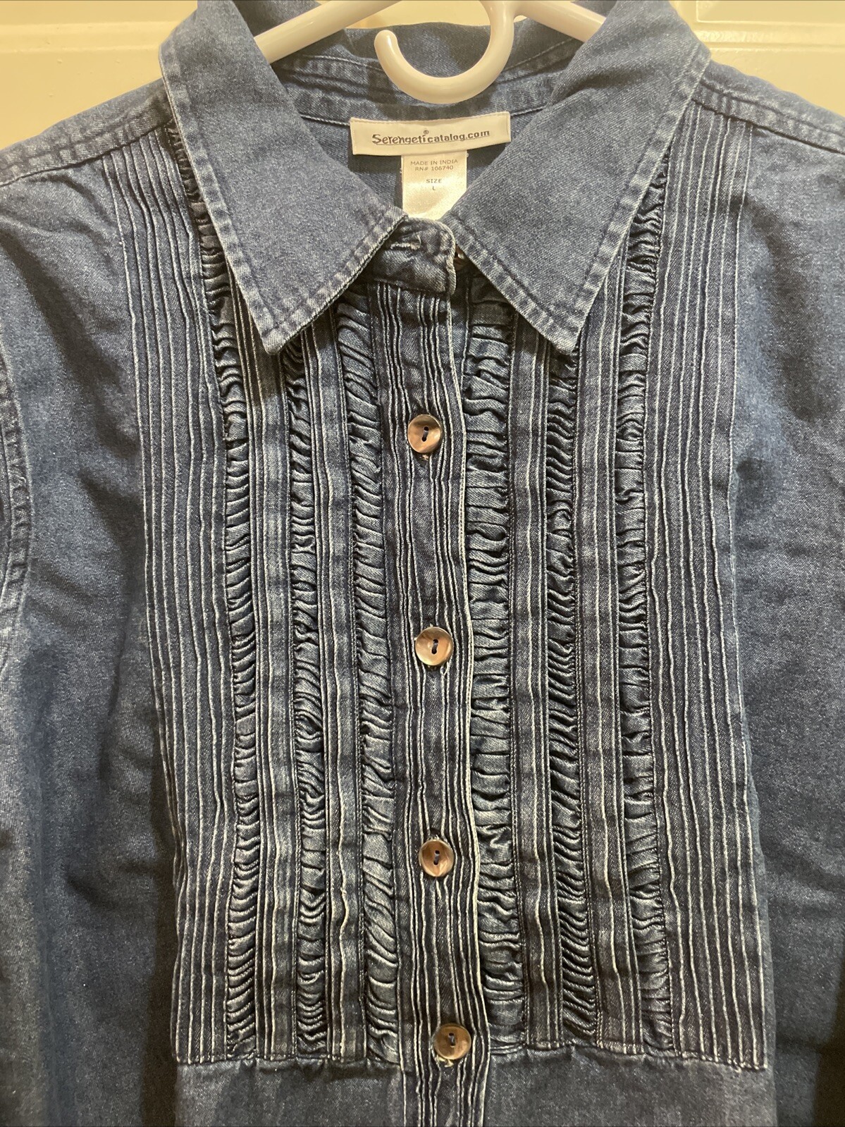 SERENGETI Catalog.com Vintage Pleated Denim Long sleeves Blouse Cowgirl Sz L