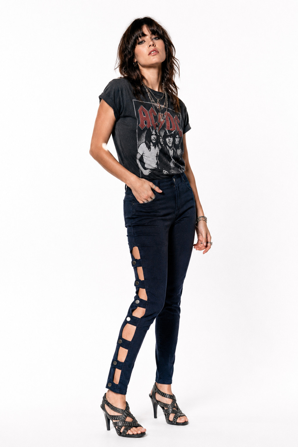 NWT 1980s VTG TRAFFIC Cutout Ladder Strap Rock Band Chick Dark Blue Jeans 9/10