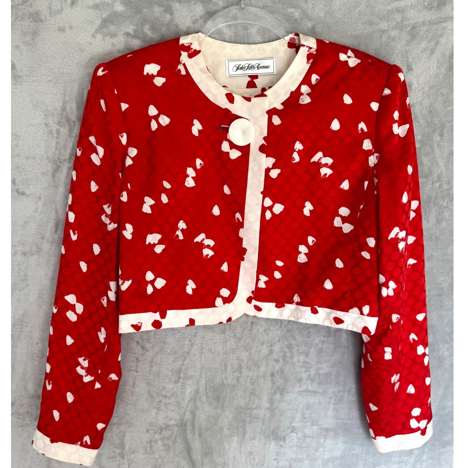 David Hayes Saks Fifth Avenue Red Silk Jacquard Cropped Jacket Vintage est Large