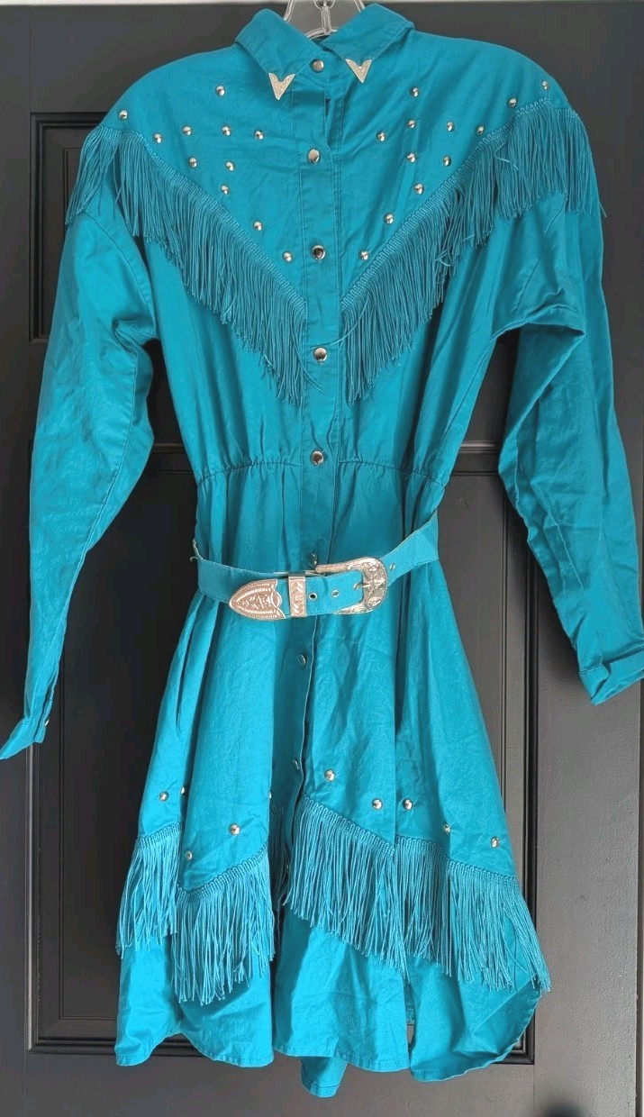 Vintage Sas’sa Teal Western Dress Long Sleeve Fringe Studded Button Up with Belt