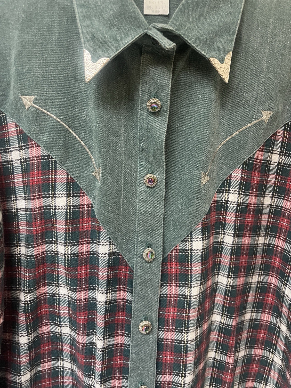Lilia Smitty Vintage Western Attitude Plaid ￼Button-Up Jeweled Button Medium