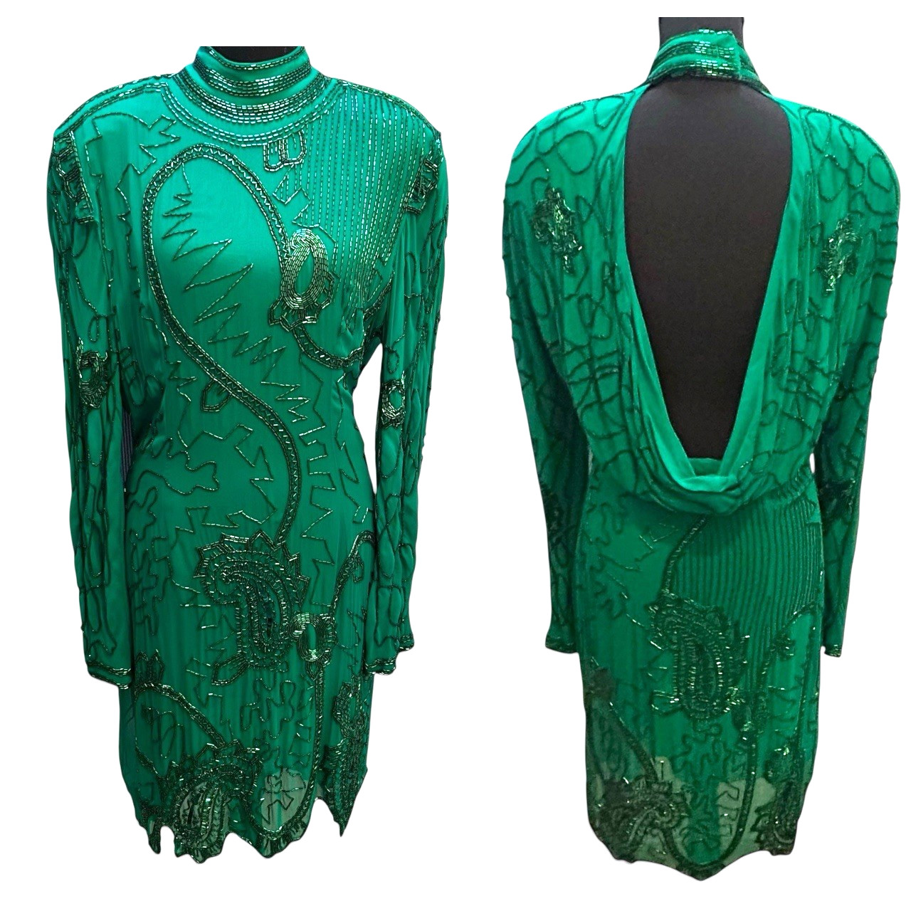 Vintage Fabrice Silhouette 80s Silk Beaded Dress Cocktail Evening Backless Prom