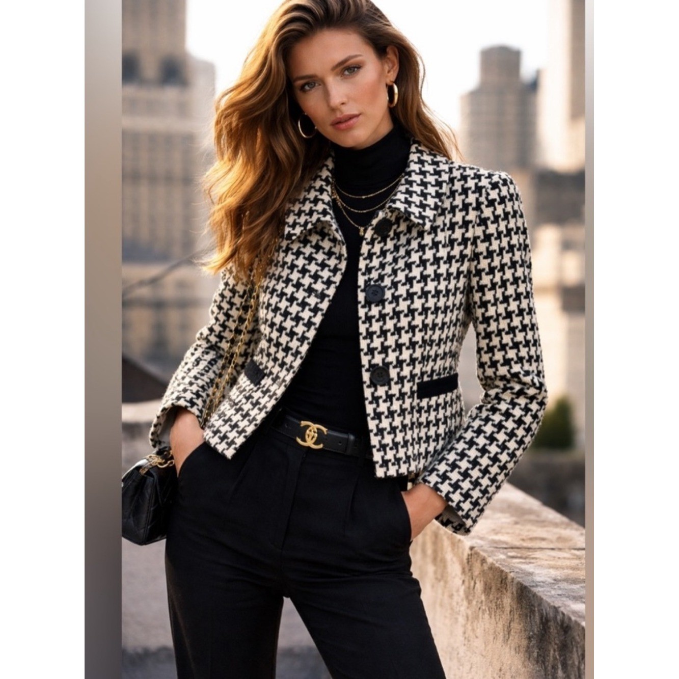 Liz Claiborne Houndstooth Cropped Blazer Jacket Sz 4 Black White VTG Career Chic