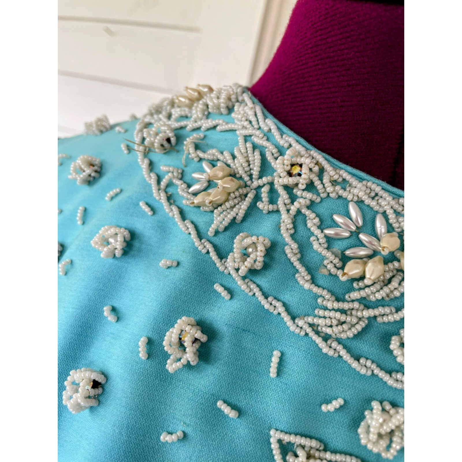 Vintage 1960s Blue Heavy Beaded Silk/wool Blend Midi Dress