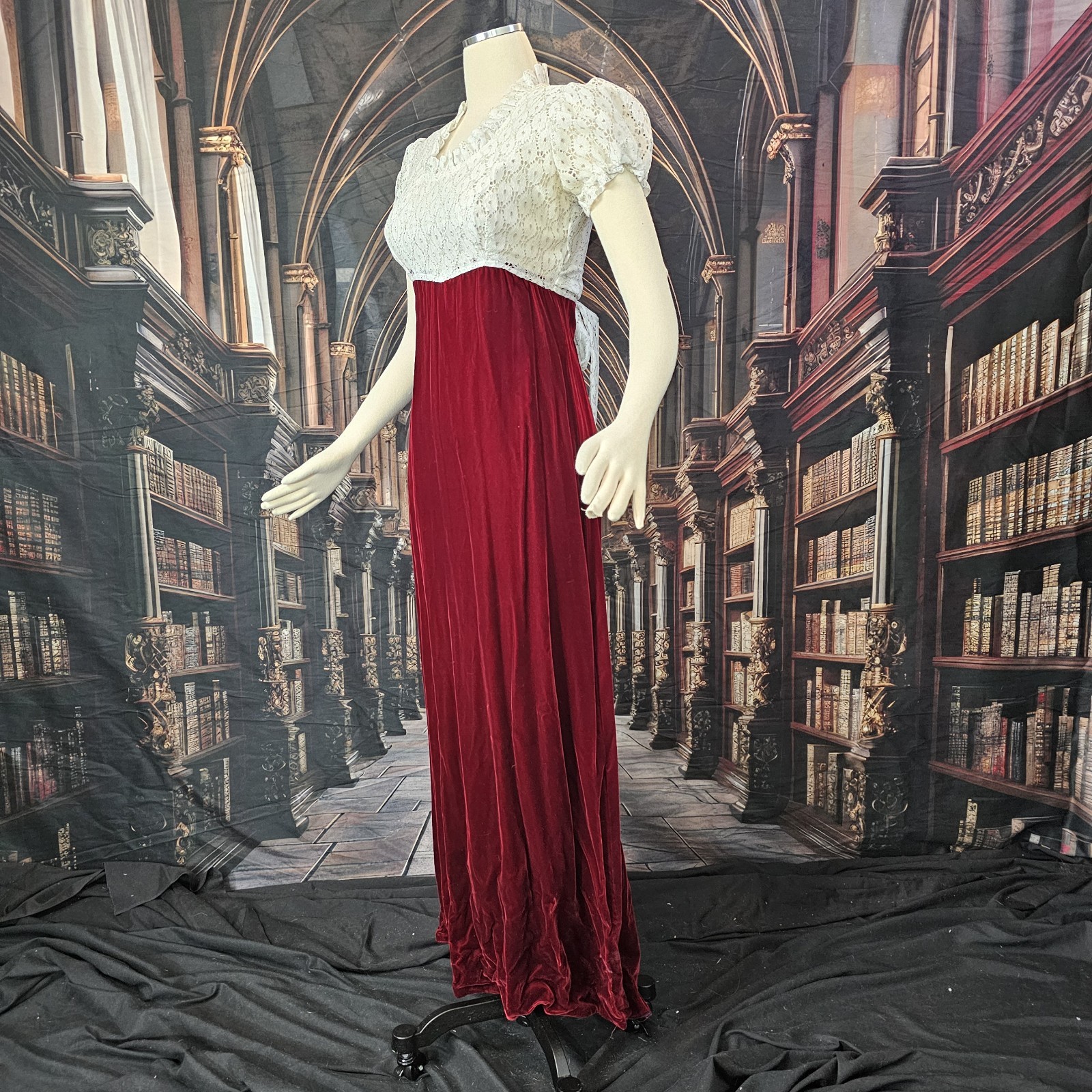 Vintage 1970s Dress Burgundy Red Velvet Maxi Floor Length White Lace Top