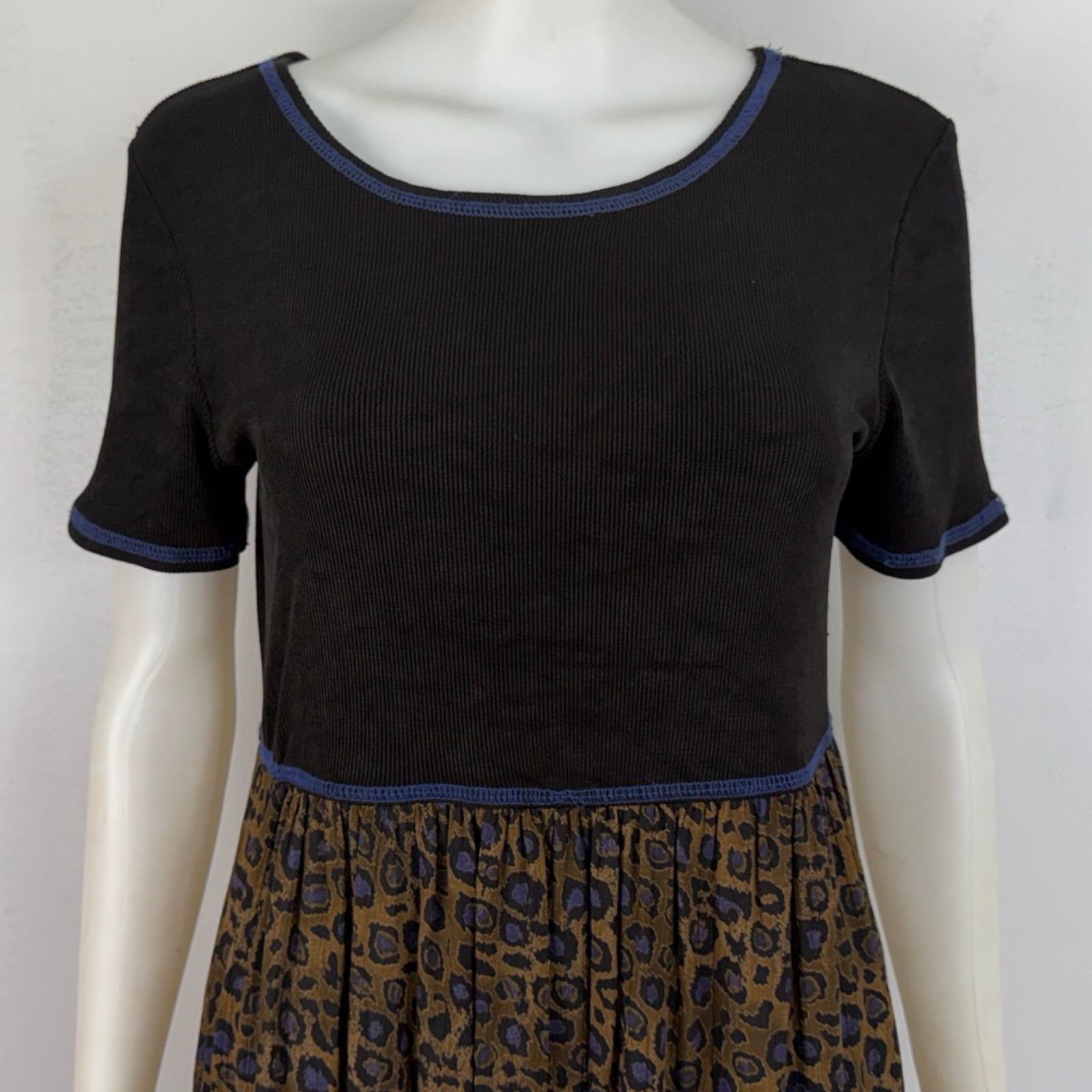 Vintage Carole Little Leopard Print Midi Dress Size Small 4 Black Ribbed Knit