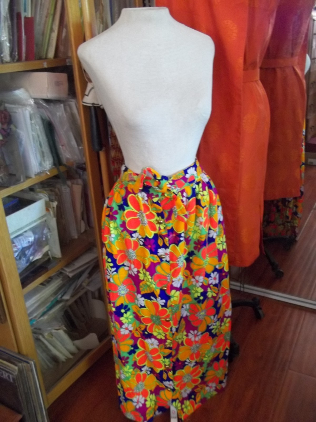 Vintage 60’s Neon Floral Brass Buttons size Small X S waist 20-23″ Long Maxi