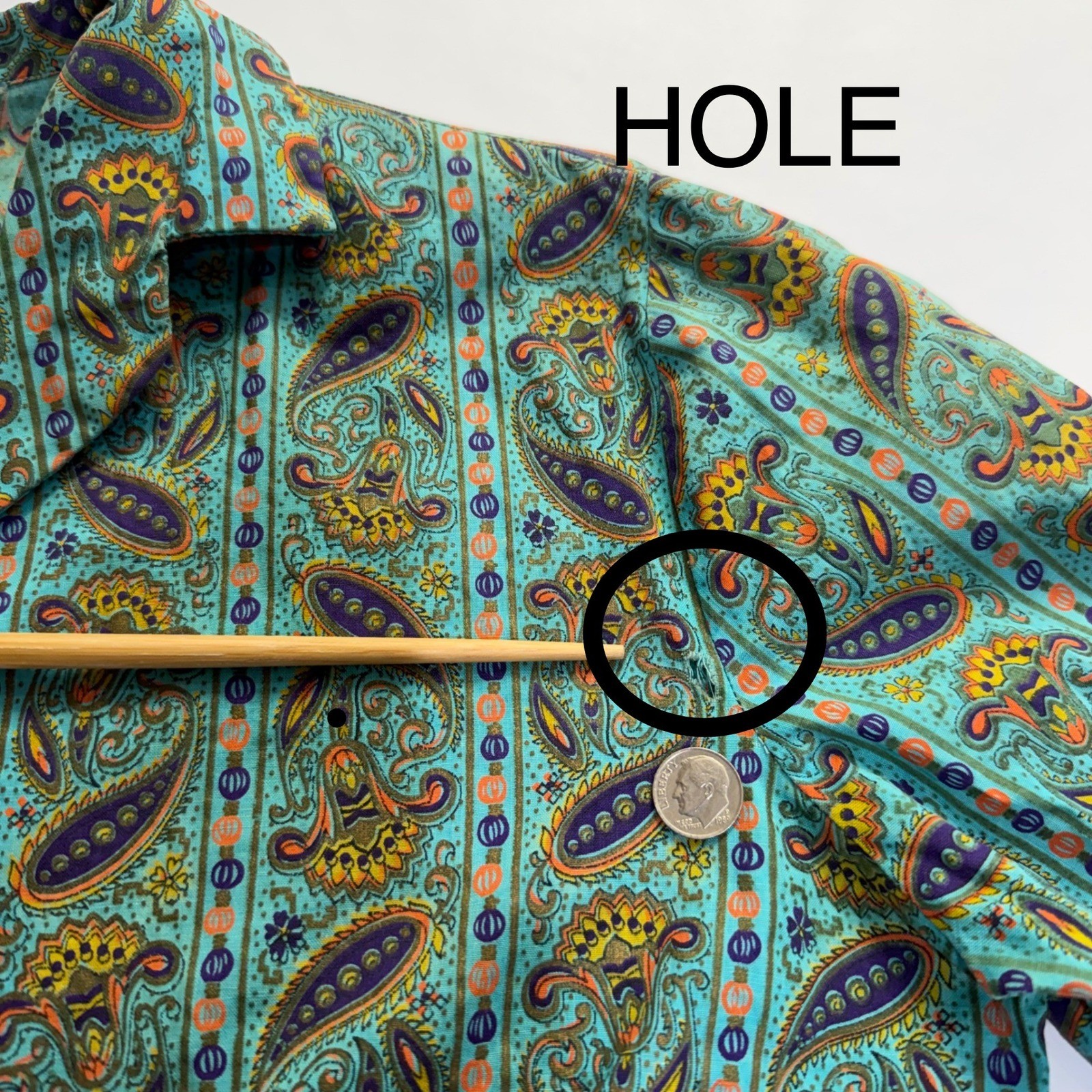 50s 60s Crop Top Teal Paisley 3/4 Sleeve Tie Hem Sz 32 DISTRESSED AS IS