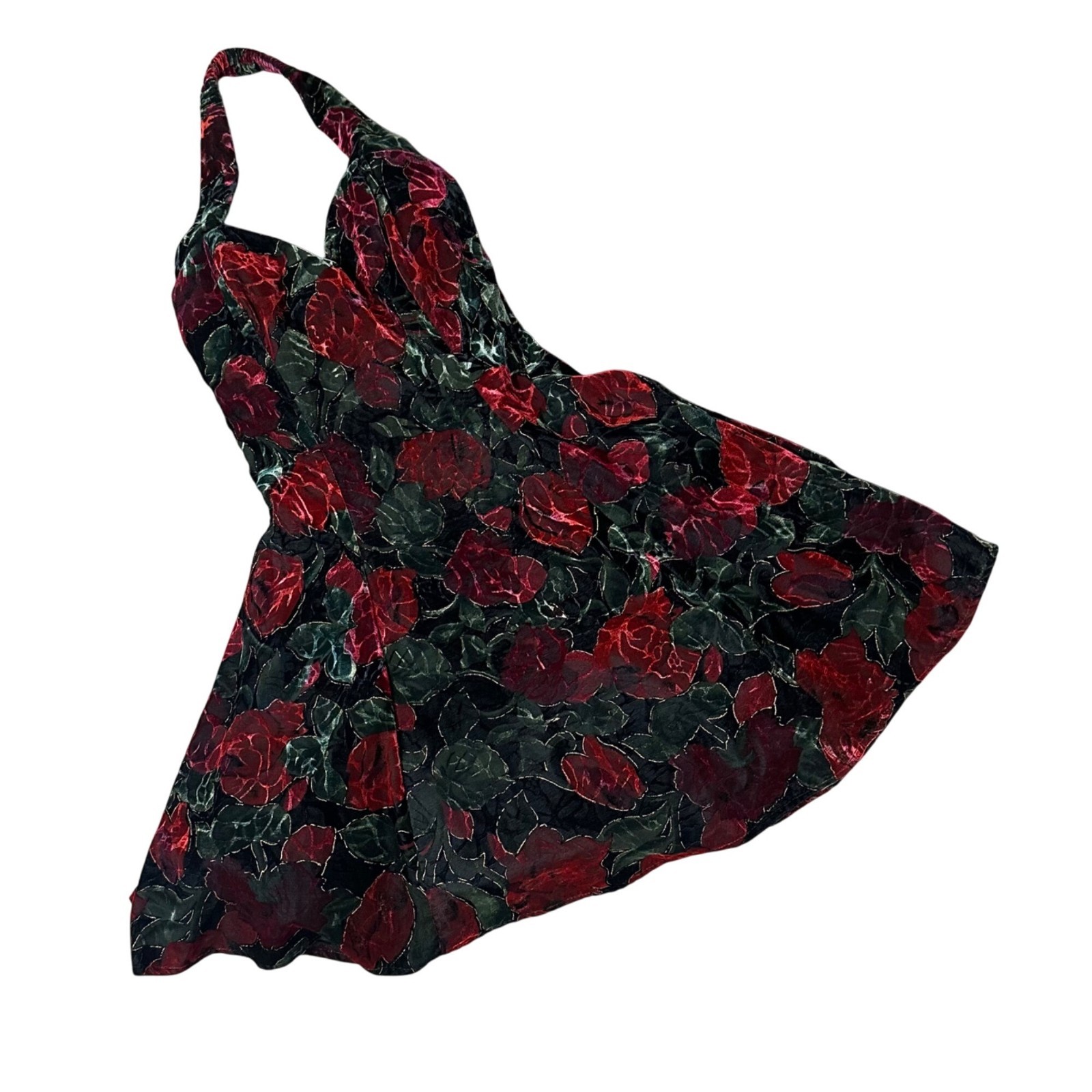 Vintage Velvet Floral Halter Dress Y2K Rampage USA Size 5 Black Red Formal Party