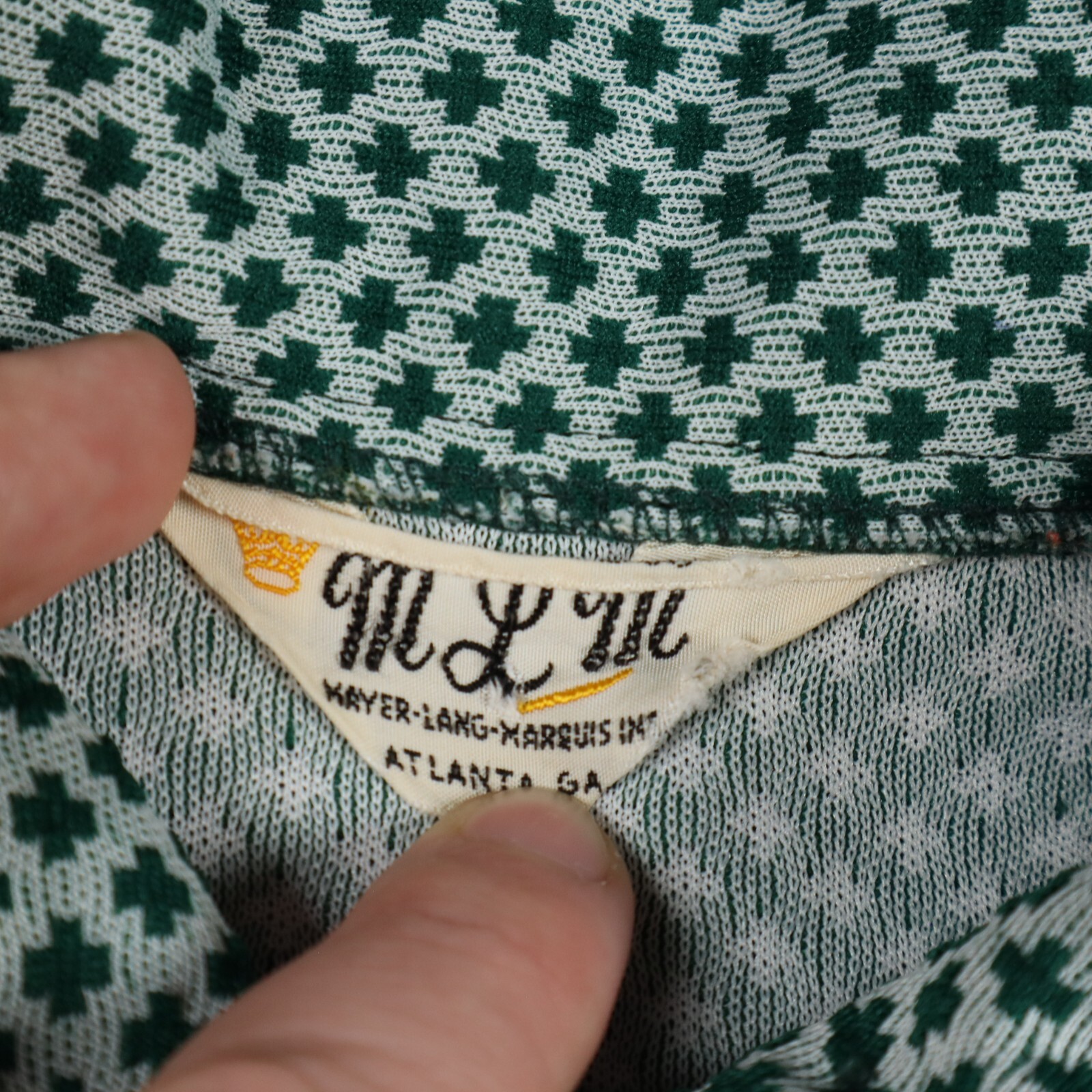 Vtg 70s MLM Mayer Lang Marquis Retro Green Geometric Button Shirt Womens Medium*