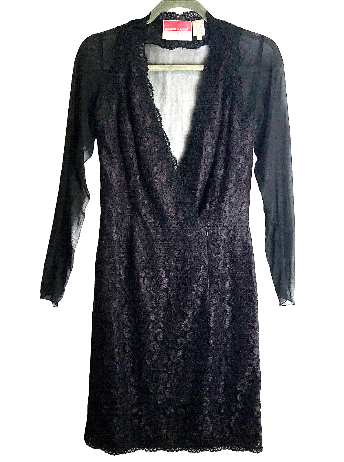 Oscar De La Renta VTG Studio SZ 10 Rose Lace Black Dress w/ Sheer Back & Sleeves