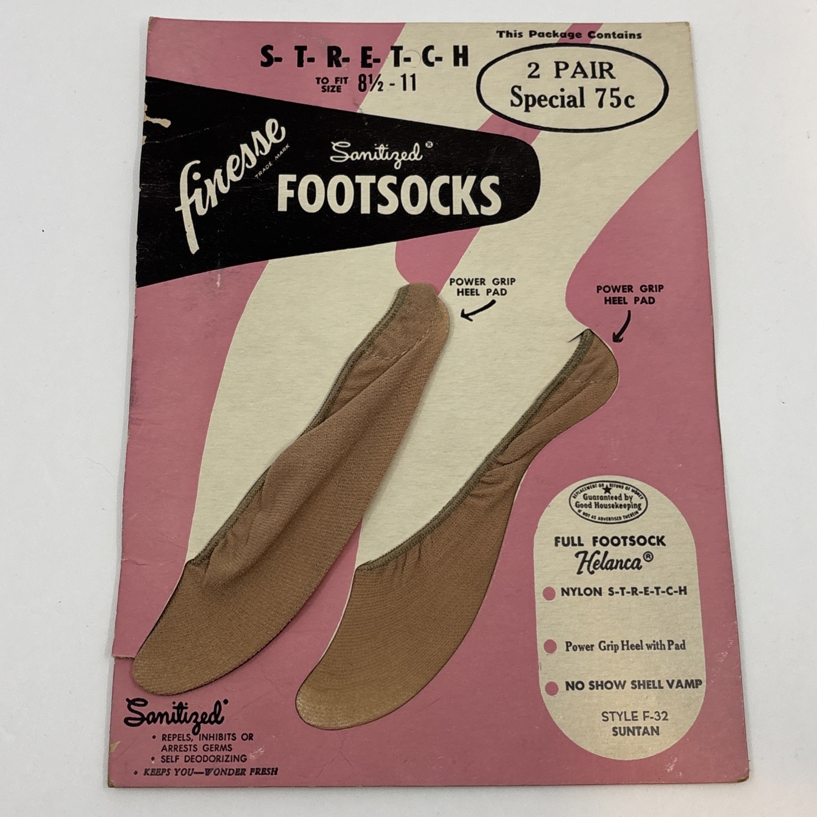 Vintage 1960s Finesse Footsocks Nylon Stretch 2 Pair NOS Suntan F-32 8.5-11” Ped