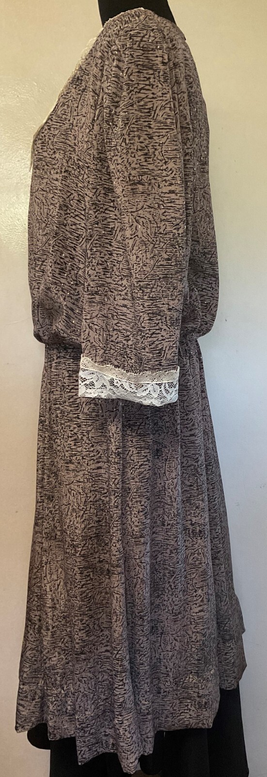 Vintage 1980s Black Patterned Dress with Lace Collar & Cuff-Large-Lorac Original