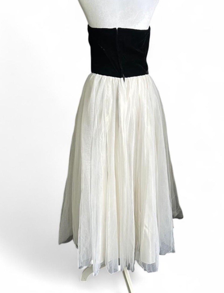 VTG 80s Black Velvet & Ivory Tulle Party Dress Full Skirt Sweetheart Bodice Sz10