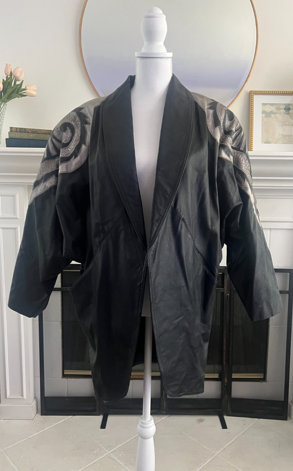 Vintage 80s Suzelle Leather Dolman Batwing Slouch Cocoon Coat Jacket Black Sz M