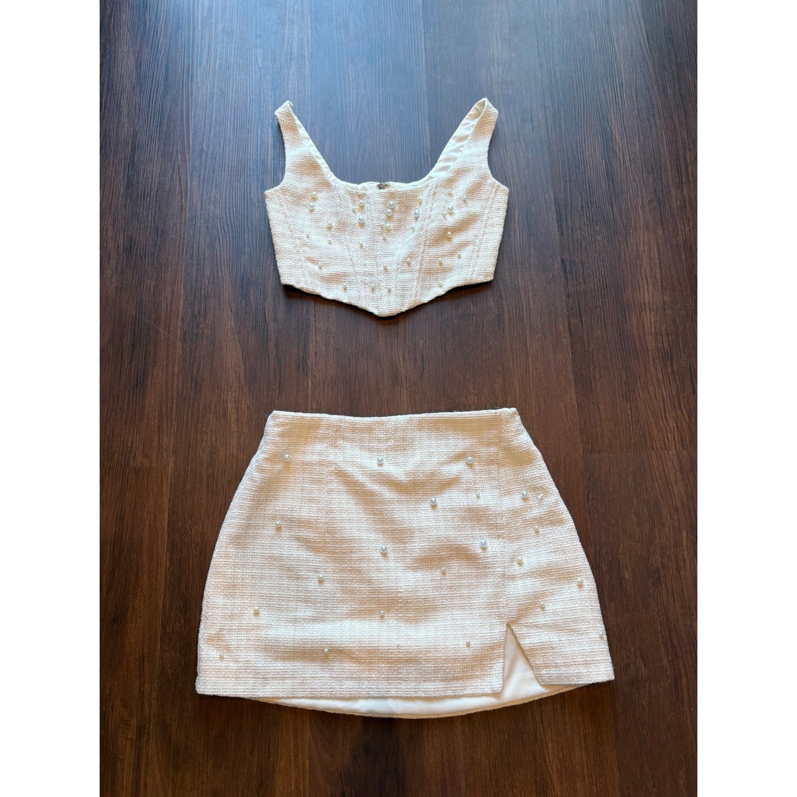 ♾️Altar’d State Two-Piece Set Pearl Button Crop Top Skirt Cream XXS/S Bridal♾️