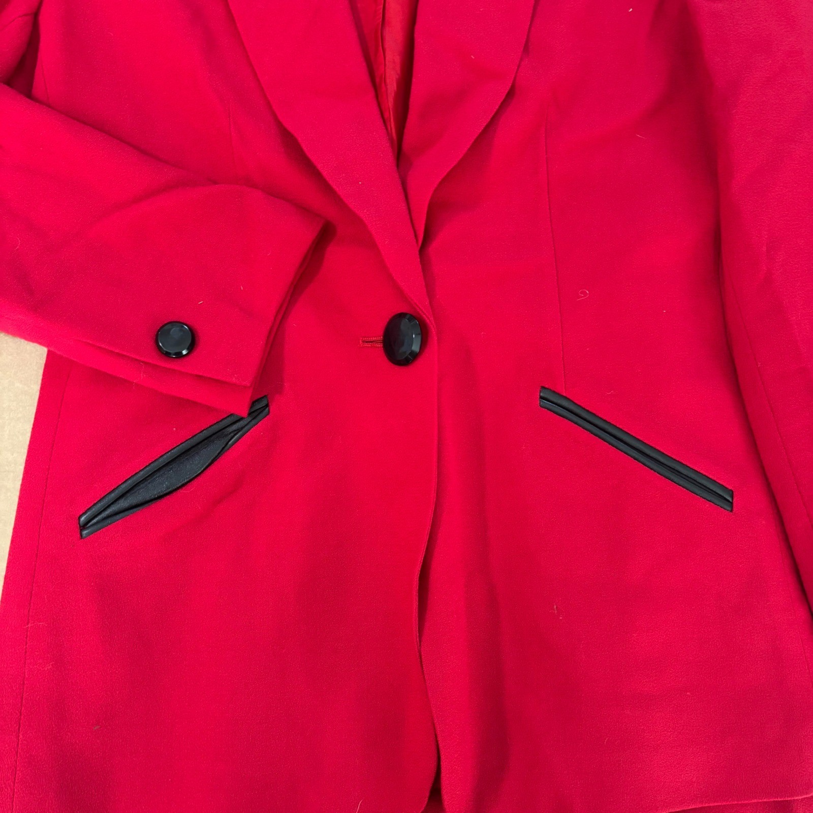 Kasper for ASL Red Wool Skirt Suit Set 6 Vintage Black Leather Trim Blazer Skirt