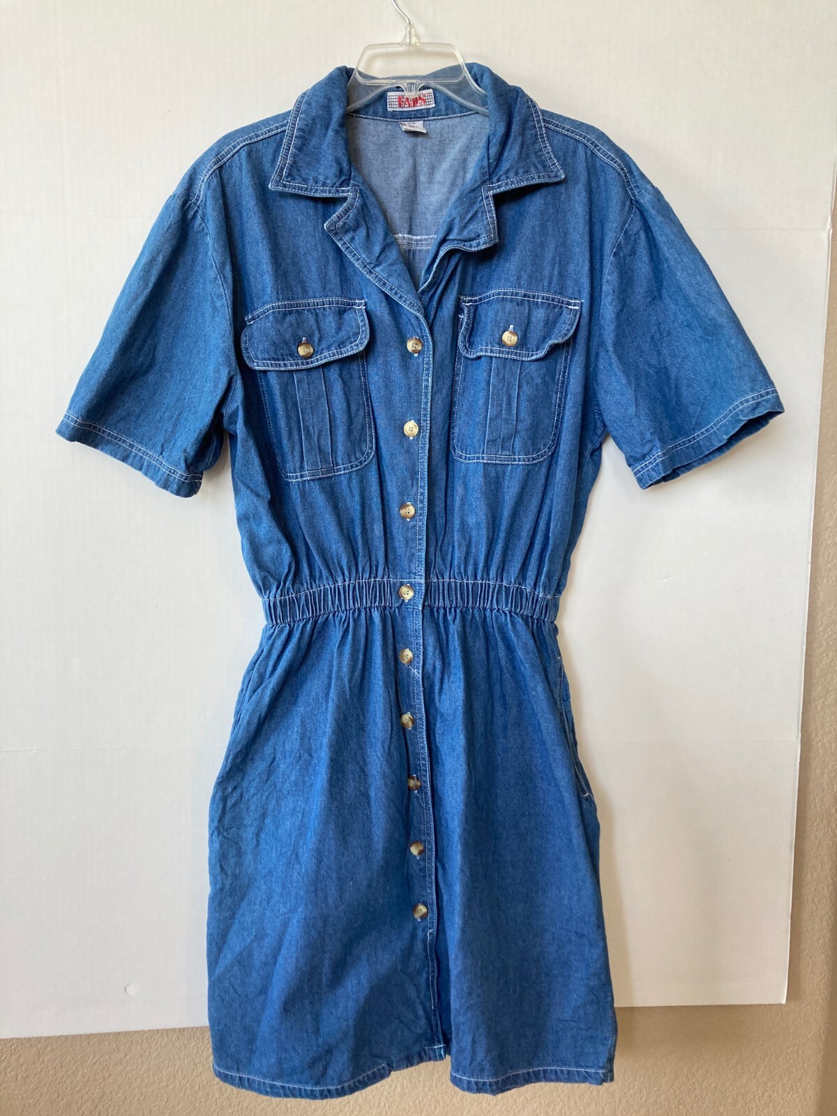 Vintage 80s Denim Dress Elastic Waist Button Down Front Large L Pockets
