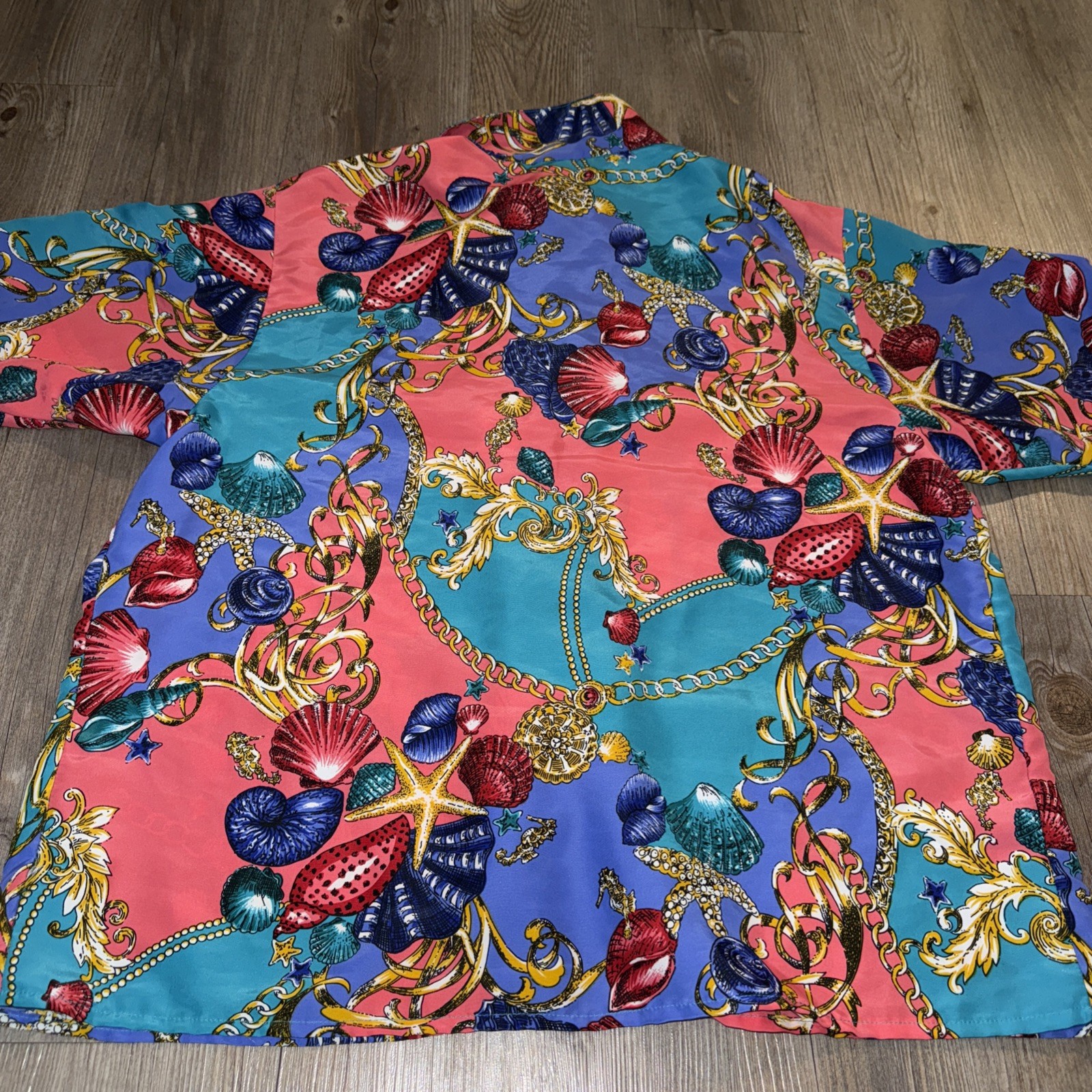 Vintage 80s Eva Silky Blouse Button Up Sea Shells Golden Treasure Size 15/16 XL