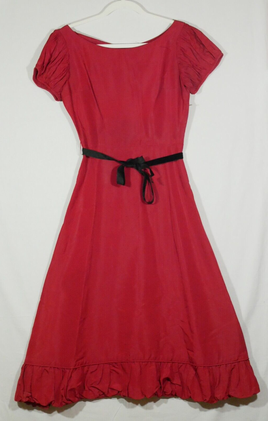 Vintage 1950s June Bentley Sleeveless Satiny Red Dress w/ Attached Belt