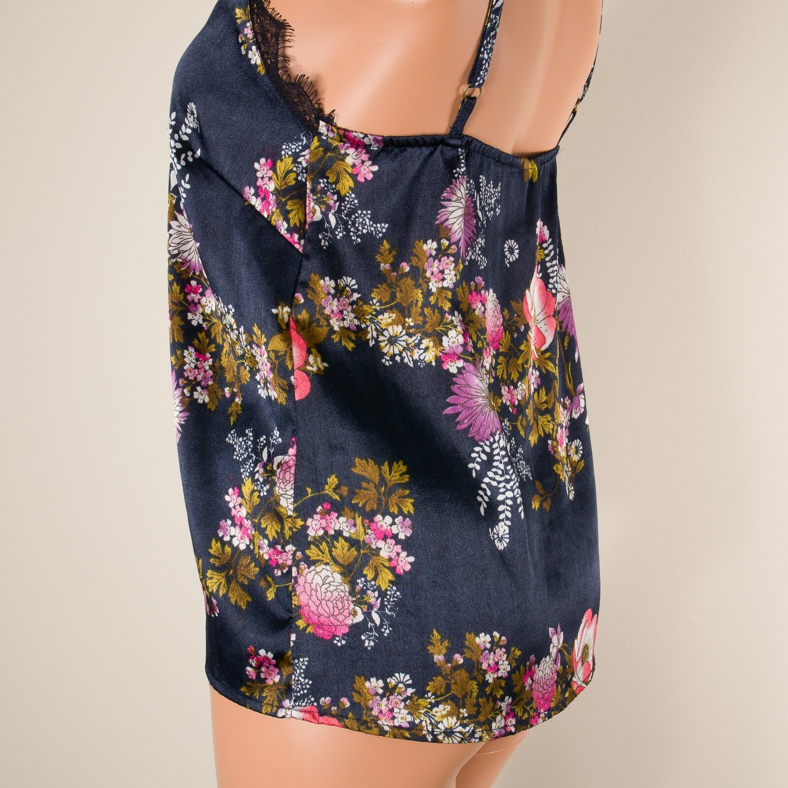 💖JAPNA Tank Top Cami Dark Blue Floral Silky Satin Adjustable Strap Lace Trim S