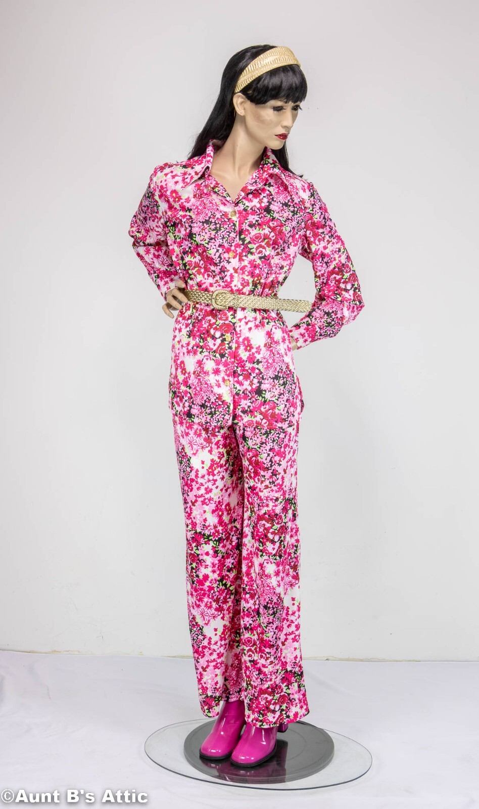 Vtg 70 s Barbie Style Pantsuit 4 Pc Pink Floral Top Pants Belt Headband Medium