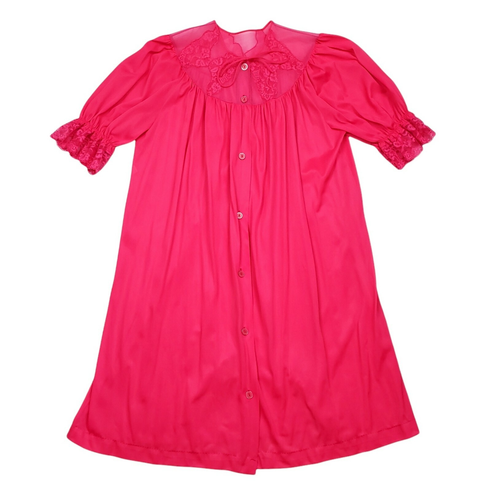 Vintage Nylon Robe Silky Hot Pink Floral Mesh Neck 60s Gilbreath Women’s Size M