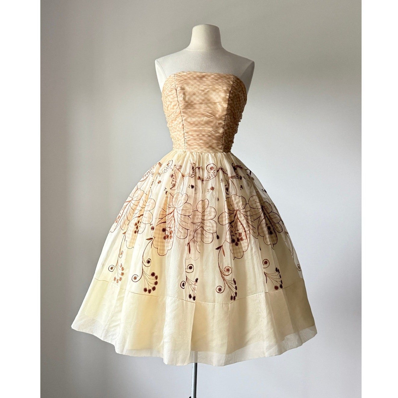 Vintage 1950s Gingham Organza Strapless Prom Party Wedding Dress XS