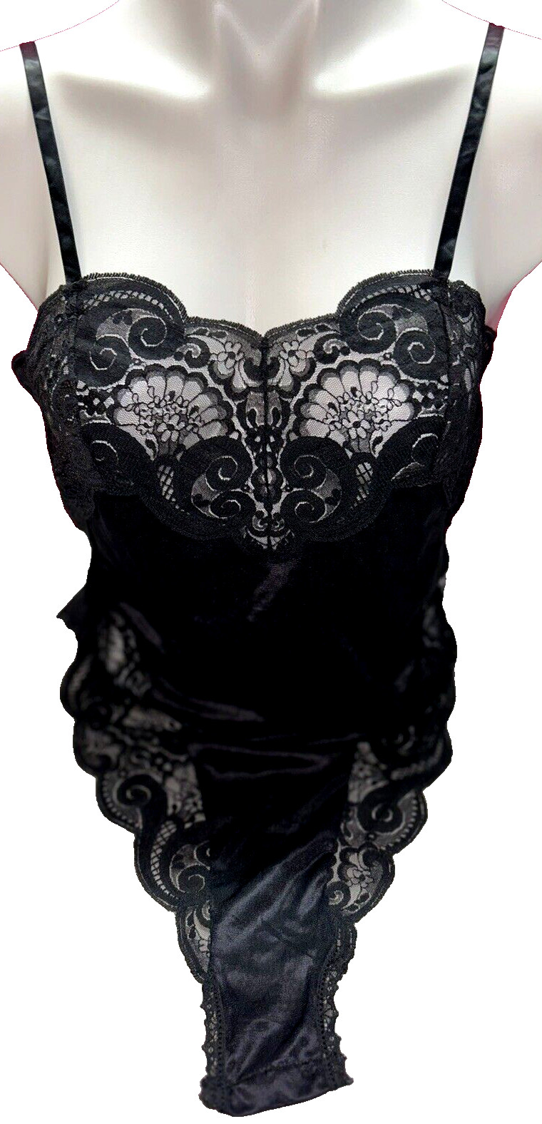 💖Vtg Delicates Sz S Lingerie Satin Nylon & Lace Black Slip Bodysuit Teddy Sissy