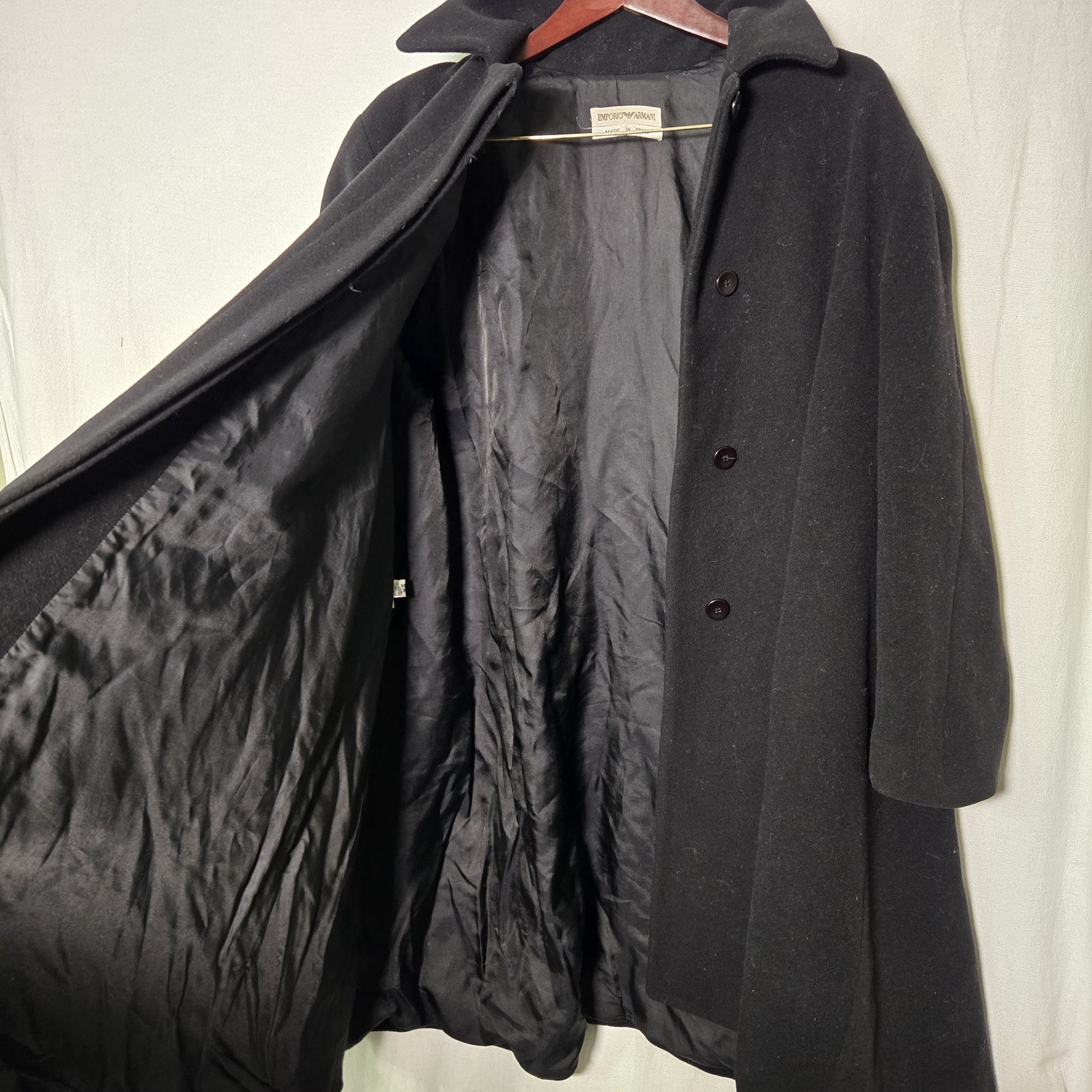 Vintage Emporio Armani Italy Womens 44 Swing Coat Virgin Black Wool Satin Lined